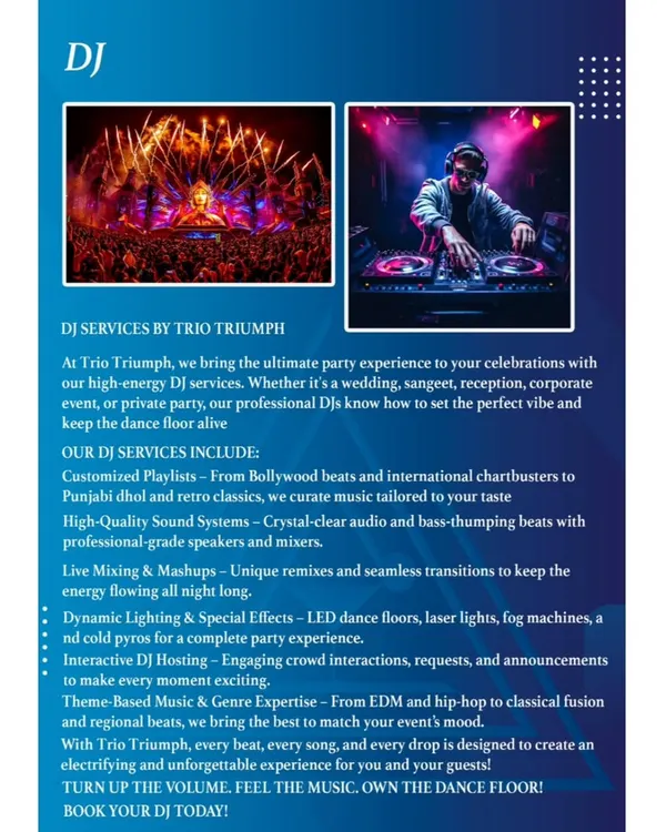 An overview of our high-energy DJ services. We provide customized playlists, professional-grade sound systems, and dynamic lighting to keep the dance floor packed all night long.