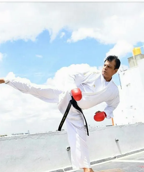 Hanshi Bharat Sharma demonstrating a flawless high kick. His technical mastery and physical discipline are an inspiration to every student at the academy.