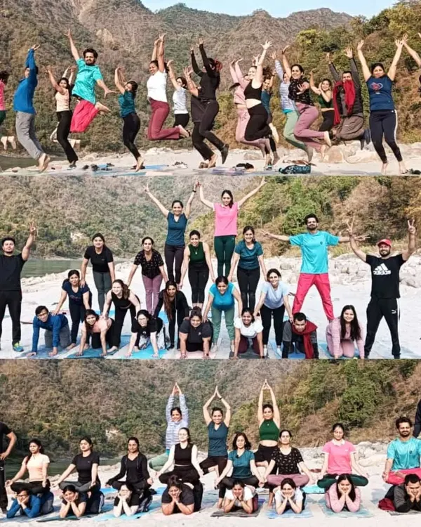 A collage of joy and connection from our 300-hour YTTC. We jump, we support each other in partner poses, and we build a human pyramid of trust.