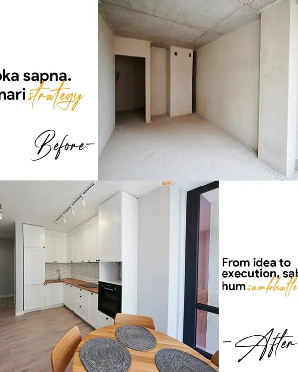 Aapka sapna, hamari strategy. This before-and-after of a kitchen space shows how we take a raw, empty room and transform it into a fully functional and beautiful kitchen. From idea to execution, we handle it all.