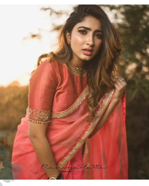 Actress Saanya Iyer looks ethereal in this calming orange-peach pure organza saree. The fabric is hand-embroidered with beads and zardosi in a delicate pattern.