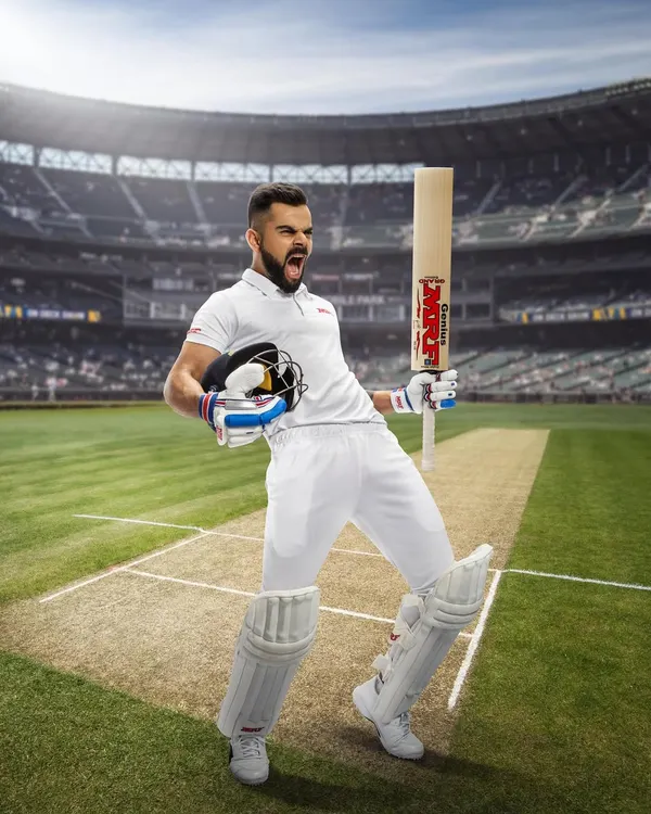 A high-energy portrait of Virat Kohli for an MRF Tyres campaign. Capturing this level of intensity for a commercial shoot requires perfect timing and a deep understanding of lighting to create a stadium-like atmosphere.