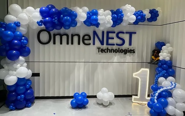 Celebrating a corporate anniversary for OmneNEST Technologies. We created a grand entrance with a full balloon arch in the company's blue and white brand colors, complemented by a large "1" LED number to mark their first year.