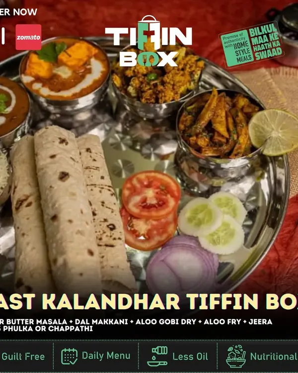 This is what we mean by a real meal. Our Mast Kalandar Tiffin Box is a complete North Indian thali with Paneer Butter Masala, Dal Makhani, Aloo Gobi, Jeera Rice, and soft phulkas. It's a feast that will remind you of home.