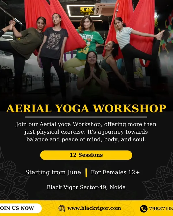 Join our Aerial Yoga workshop for a journey towards balance and peace of mind, body, and soul. This poster announces our 12-session workshop for females, a perfect start for beginners.