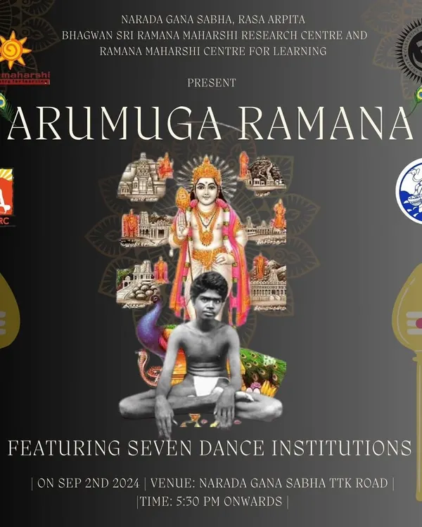 We present "Arumuga Ramana," a grand collaboration featuring seven dance institutions. This event, held at Narada Gana Sabha, is a rich tapestry of classical dance and puppet theatre, honoring the meeting of Sri Muruganar with Bhagavan.