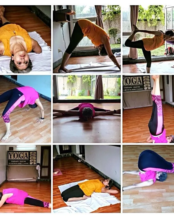 A collage showcasing a wide range of my practice, from inversions and backbends to deep stretches and foundational poses.