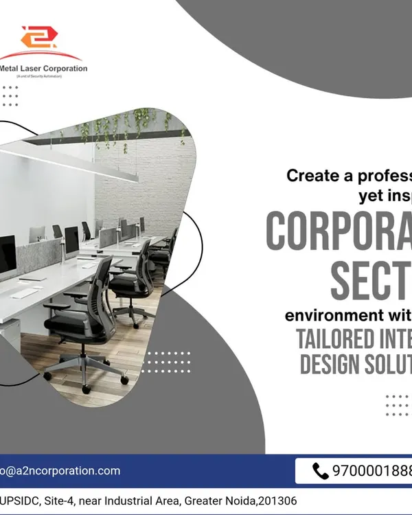 A professional and inspiring corporate office environment with a clean, open-plan layout. The design features long workstations, ergonomic chairs, and subtle green elements to create a productive and pleasant atmosphere.