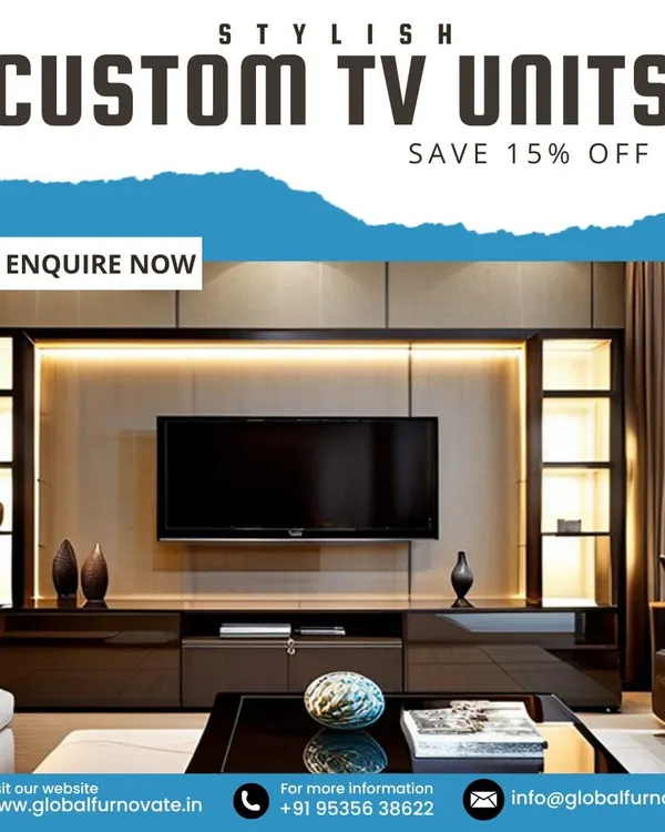 An example of our stylish custom TV units. This design features a dark wood finish with backlighting, integrated drawers, and illuminated side display shelves, creating a sophisticated entertainment center.