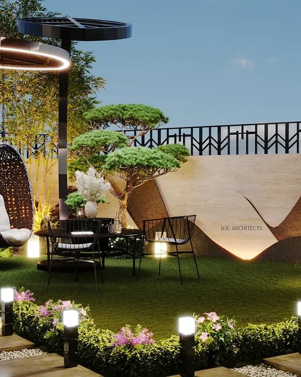 We transformed this backyard into a stunning oasis. The design features a comfortable seating area under a modern light fixture, unique marble-clad planters, and beautiful landscaping for a perfect blend of luxury and comfort.