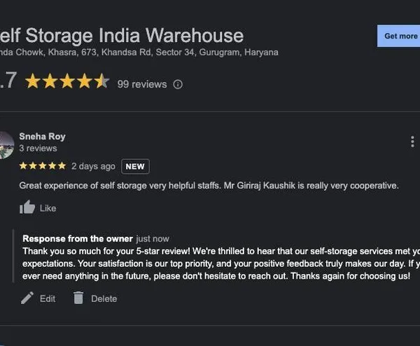 This 5-star review from Sneha highlights the helpfulness and cooperation of our staff. We believe a great storage experience is built on friendly and supportive customer service.