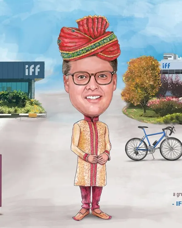 A wonderful farewell gift for a strategic HR leader at IFF, featuring his Indian and US offices, his love for cycling, and a traditional turban.
