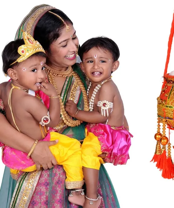 A heartwarming Yashoda Krishna themed photoshoot for Janmashtami. These sessions include full costumes and props to create a truly memorable and divine portrait of mother and child.