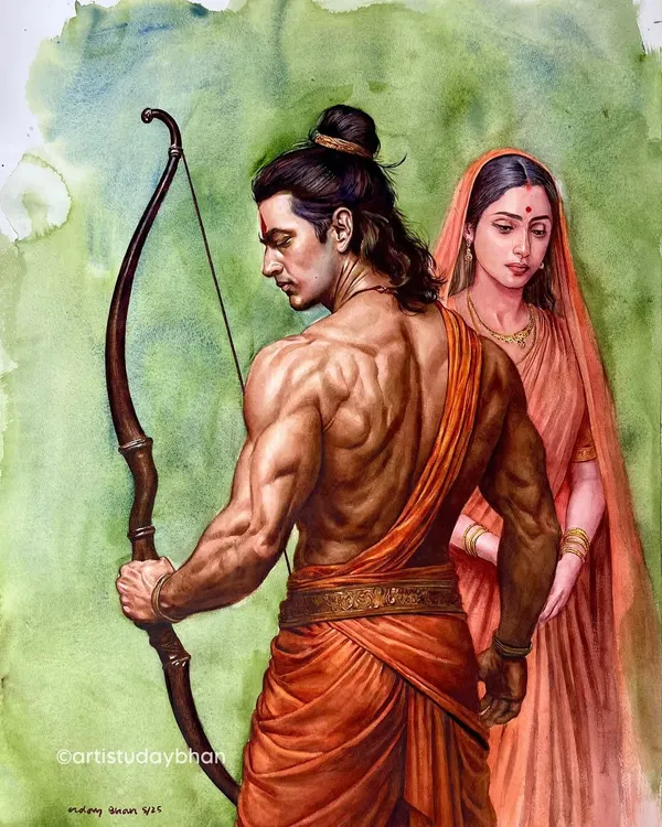 This is the final watercolor painting of Shree Ram and Sita, a depiction of their divine bond. My aim was to show Ram's strength as a protector and Sita's quiet, steadfast presence by his side. Jai Shree Ram.