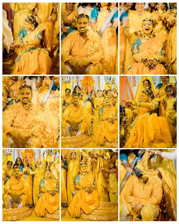 A collage filled with the golden-yellow hues of a Haldi ceremony, showing the couple being showered with love and turmeric.
