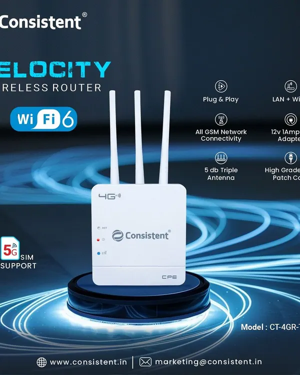 Our Velocity Wi-Fi 6 Wireless Router is designed for the modern Indian home. With support for 5G SIM cards and a powerful triple antenna setup, it delivers lightning-fast speeds for uninterrupted streaming, gaming, and work, even with many devices connected at once.