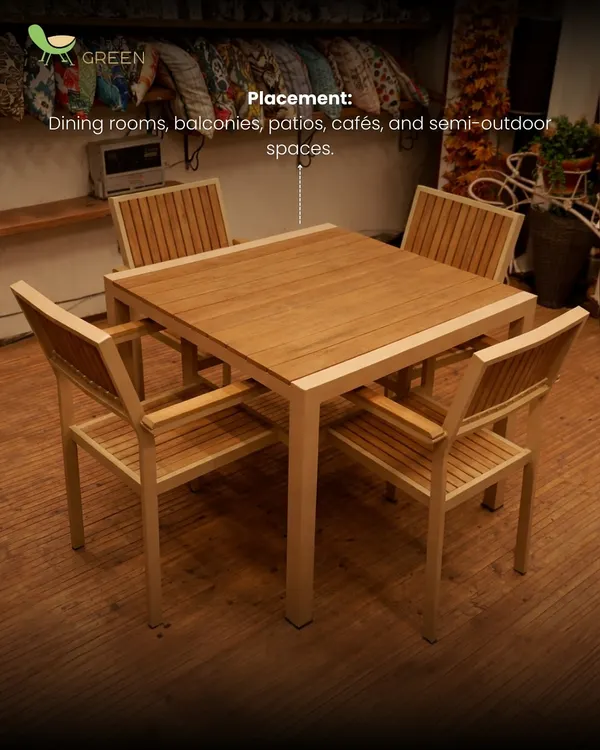This is a four-seater outdoor dining set with a clean, modern design. The table and chairs feature a combination of a light-colored aluminum frame and teak wood slats. As the text overlay suggests, this versatile set is perfect for dining rooms, balconies, patios, and even cafes.