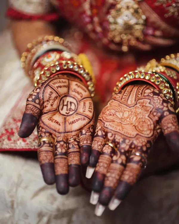 This is what happens when a bride's passion meets my art. I loved creating this custom bridal mehendi, featuring a detailed bullet motorcycle for the groom and a beautiful wheel of names for her family, all woven into a traditional design.