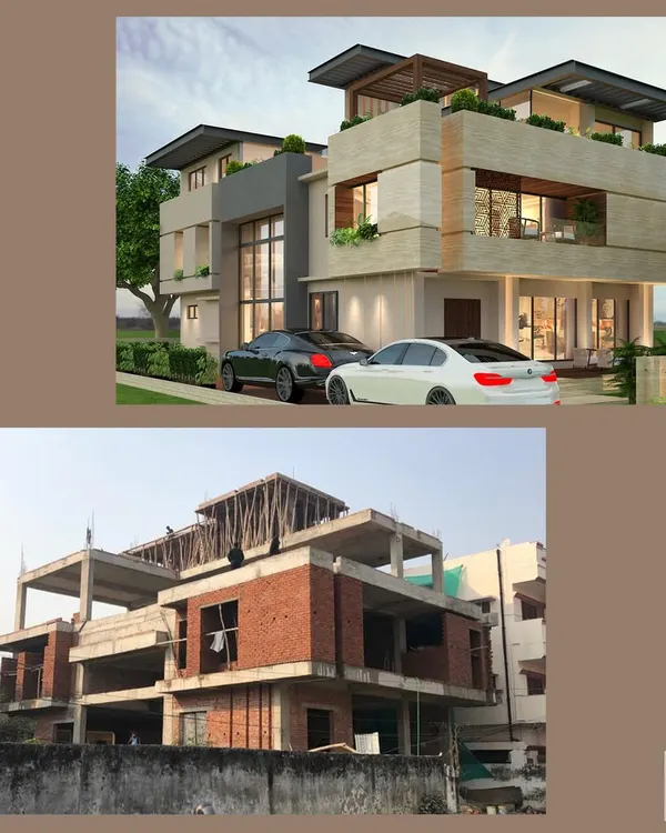This image shows the journey of a bungalow project, from the initial 3D architectural render to the actual construction site. It's a testament to our ability to handle projects from the ground up.