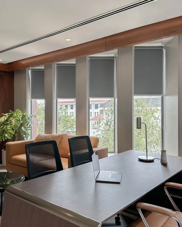 A wide view of a senior executive's office, showing the layout that includes a work desk, an informal meeting lounge, and ample natural light. The design balances privacy with a connection to the rest of the office.