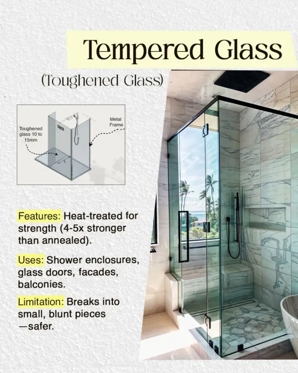 This infographic explains the benefits of tempered or toughened glass. Its safety feature of breaking into small, blunt pieces makes it ideal for shower enclosures, as seen in this luxurious marble bathroom.