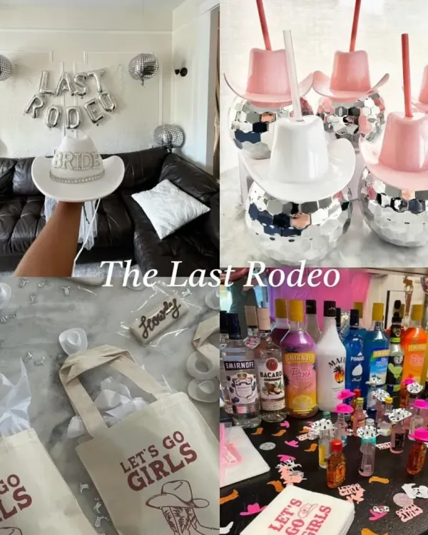 Get inspired by "The Last Rodeo" theme for a fun bachelorette party. Think disco ball cups with cowboy hats, "Let's Go Girls" tote bags, and plenty of sparkle for the bride's final ride.