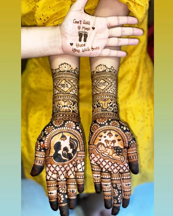 A heartfelt baby shower design with a silhouette of a mother and child, a sleeping baby, and the words 'आई' (mother) and 'बाबा' (father). The other hand has a sweet message, 'Can't Wait to Meet Those Tiny Little Feet'.