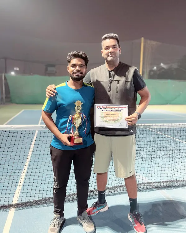 It was a double victory for our academy at the East Delhi Open Tennis Tournament. Here I am with our player Anmol Chaudhary, who gave a stellar performance to capture the Men's Singles title.