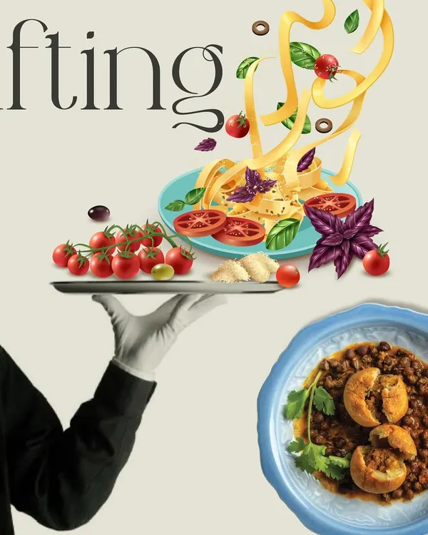 A graphic illustrating our philosophy: where creativity meets cuisine. This image combines elements of Italian and Indian food with the classic image of white-glove service, representing the diverse and sophisticated tastes we cater to.