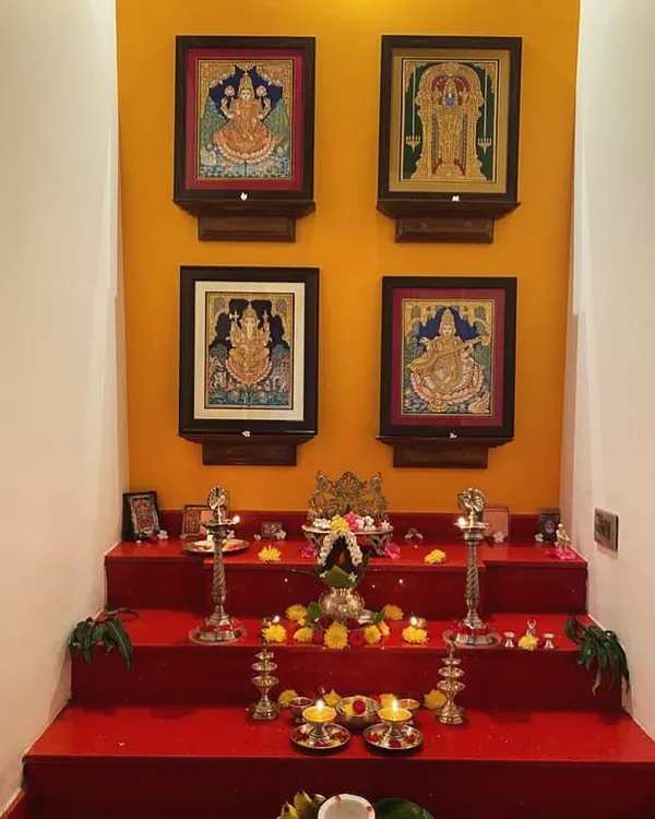 Decorate your Pooja room with these beautiful Mysore traditional paintings. This client's setup shows how a set of four paintings can create a unique and special sacred space.