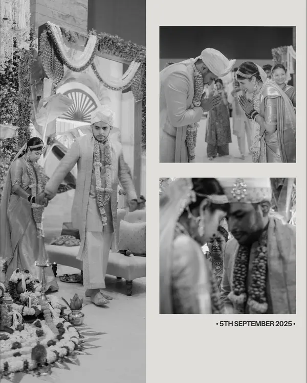 A black and white collage showing the story of a wedding ceremony, from the pheras to the exchange of blessings. It’s a timeless look at sacred traditions.