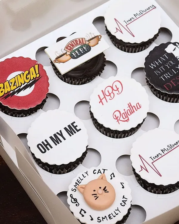 Could this BE any more personalized? This birthday box was so much fun to make, packed with inside jokes and references to all the recipient's favourite TV shows. From the Central Perk couch to a 'Bazinga!', each custom edible topper tells a part of their story.