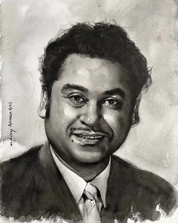 A monochrome portrait of the legendary Kishore Kumar. Working in a single color helps us focus entirely on value, light, and shadow to capture a timeless charm.
