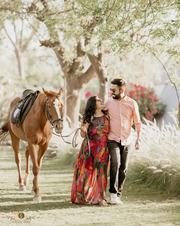 A romantic stroll with a majestic companion. This pre wedding shoot for Dixit and Tanya combined their love for nature and animals, creating a fairytale like setting that was both unique and personal.