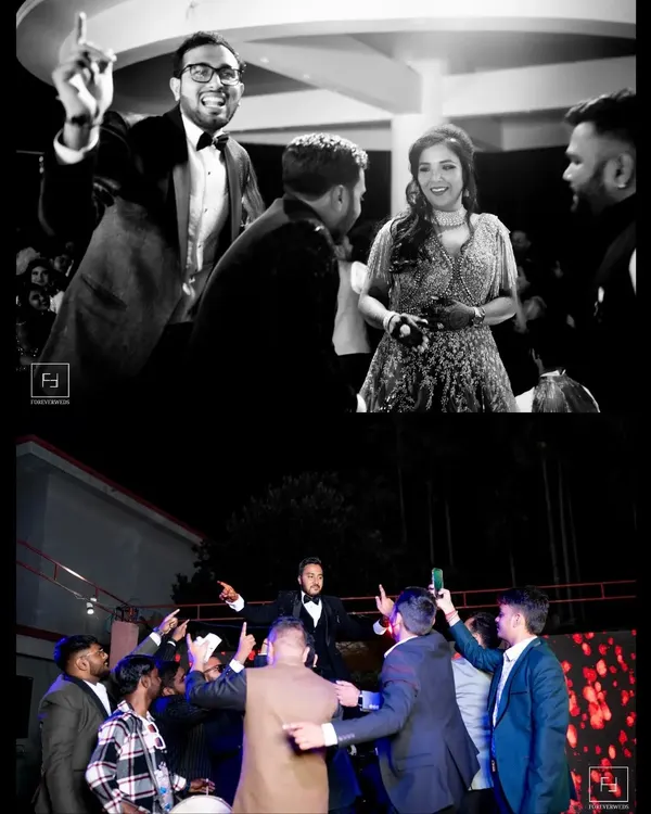 The groom owning the dance floor at his Sangeet. I capture the high-energy performances and the crowd's reactions to document the electrifying atmosphere of the party.