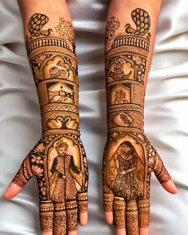 This is the level of artistry I pour my heart into teaching. A full bridal mehndi design telling a royal story, with detailed portraits of the Raja and Rani, is a skill that turns an artist into a storyteller.