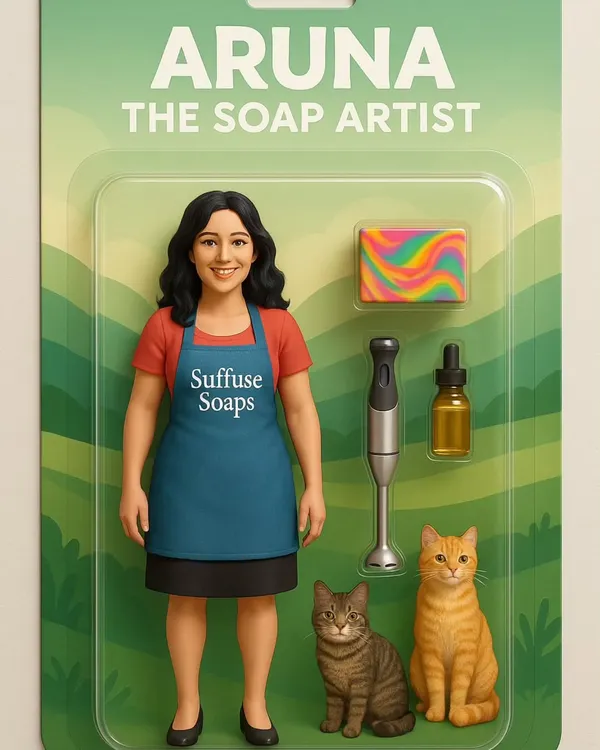 Meet Aruna the Soap Artist! A fun, custom action figure that captures my life as a maker, complete with a swirl soap, stick blender, and my beloved cats.
