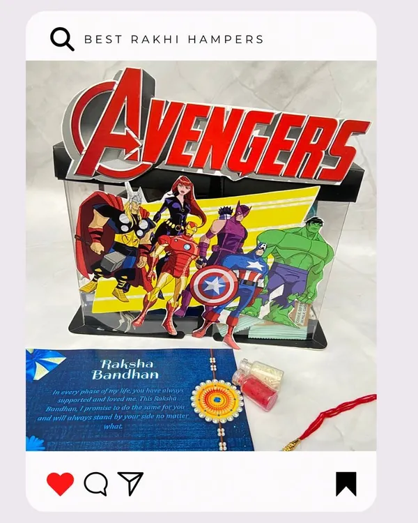Assemble the ultimate Rakhi gift! This Avengers-themed hamper is perfect for a little superhero, celebrating the bond of Raksha Bandhan.