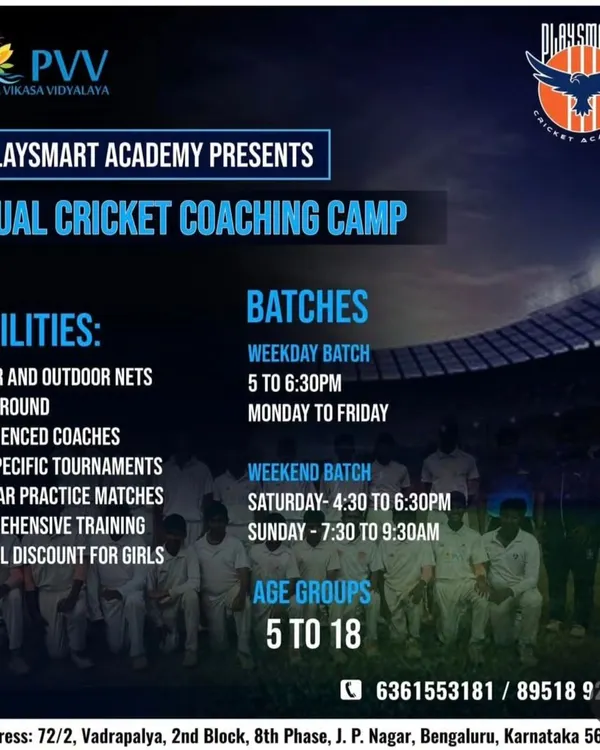 Our official poster for the Annual Cricket Coaching Camp. It details our facilities, batch timings for weekday and weekend sessions, and age groups from 5 to 18.