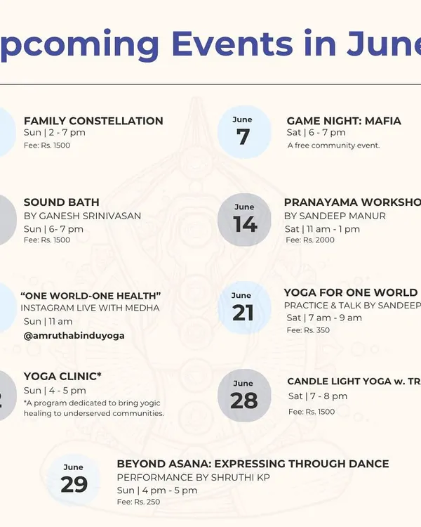 Here is a look at our packed calendar for June, celebrating the International Day of Yoga theme "One World, One Health." Our offerings include a Pranayama workshop, a Sound Bath, a free Mafia game night, and a talk on yoga for one world.