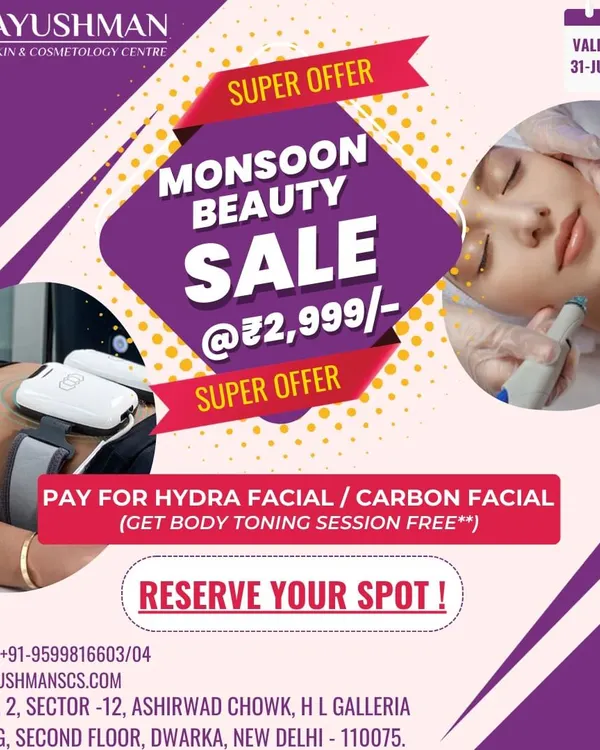 Take advantage of our Monsoon Beauty Sale. This special offer lets you choose between a HydraFacial or Carbon Facial and receive a complimentary body toning session, giving you a complete rejuvenation experience at an exceptional value.