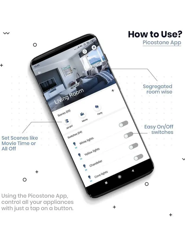 The Picostone app is designed for ease of use. You can see all your rooms, control individual switches, and activate your favorite scenes like 'Movie Time' or 'All Off' with simple on and off toggles.