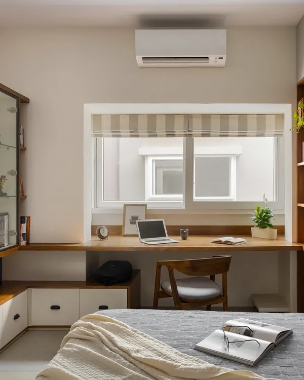 This home office in our 'Palaash' project is designed for both work and play. It features a deep desk for productivity, a proud display for a superhero collection, and a hidden Murphy bed that folds down for guests.