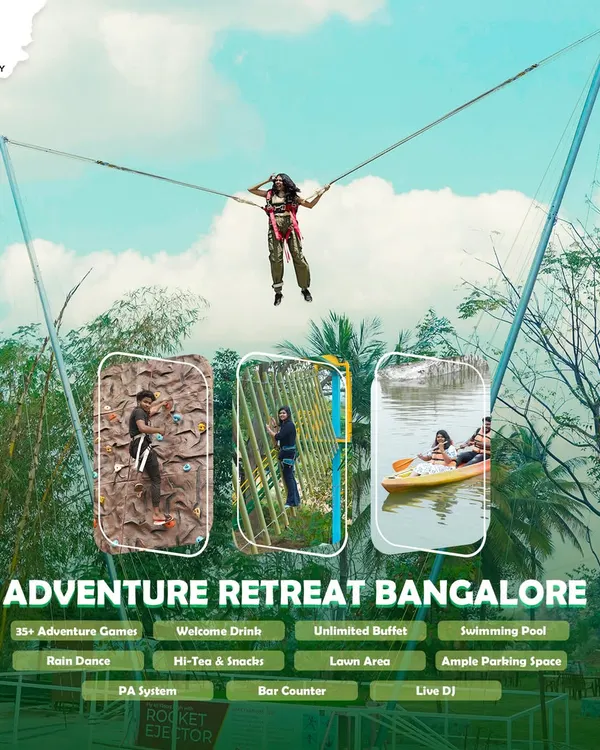 Welcome to our Adventure Retreat on Kanakapura Road, just a short drive from Bangalore. It's packed with over 35 activities, including the thrilling Rocket Ejector, ziplines, and extensive rope courses.