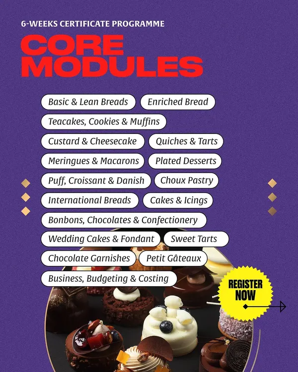 A look at the core modules covered in our comprehensive Six Week Certificate Programme. This course takes you from beginner to advanced in just 1.5 months, covering everything from breads and cakes to chocolates and plated desserts.