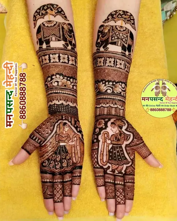 This full bridal design features classic dulha-dulhan portraits and elephant motifs, telling a story on the bride's hands.