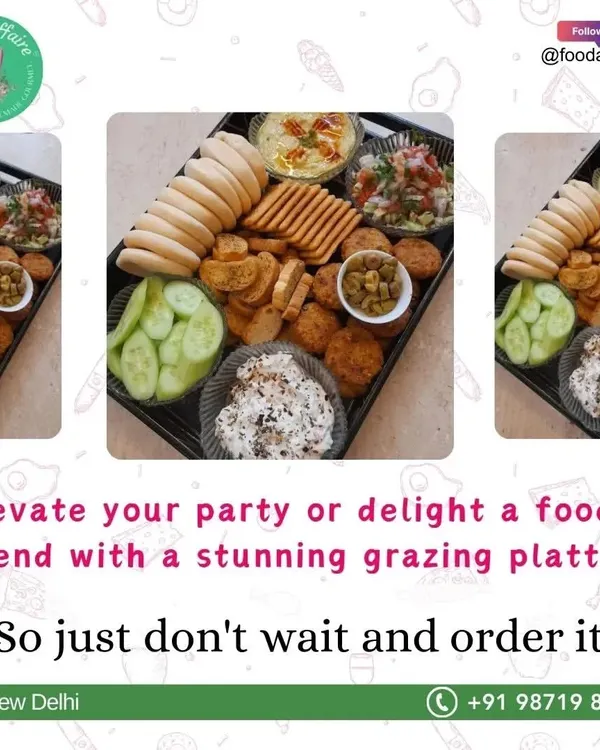 A beautiful Mezze platter, perfect as a centerpiece for your house parties and get-togethers. It includes my special hummus, falafel, pitta bread, hung curd dip, fresh salsa, crackers, and bruschetta, all made fresh to order.