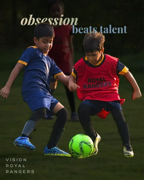 This is the core of my philosophy: obsession beats talent. This image captures two young players locked in a battle for the ball, showing the focus and determination I build in every session. It’s not just about skill; it’s about the will to win.