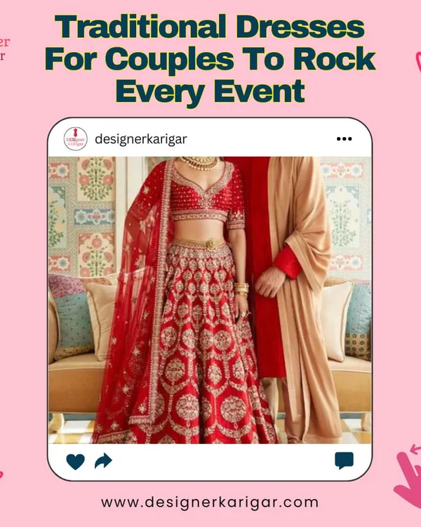 A classic combination for the perfect couple portrait. This shows a bride in a traditional red lehenga and a groom in a simple, elegant beige sherwani, a timeless look I can customize for you.