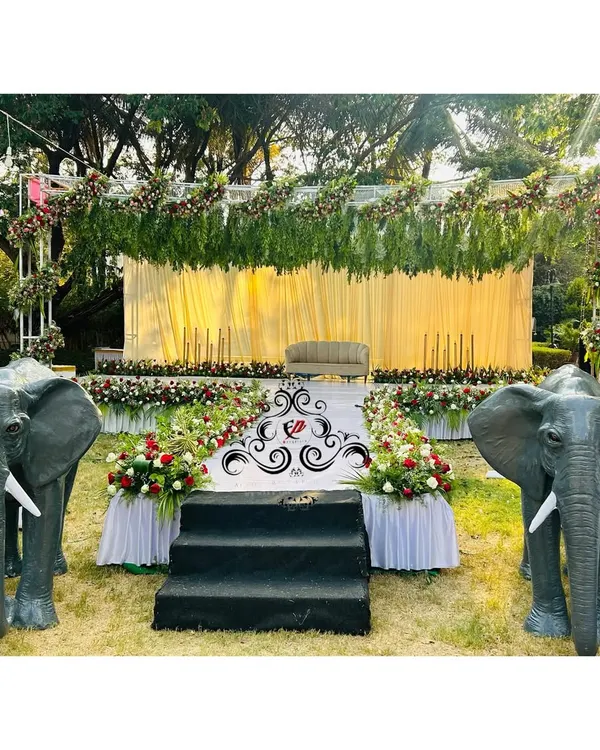 A complete outdoor destination engagement setup, featuring a beautiful stage, a grand aisle, and two life-sized elephant statues for a majestic touch.